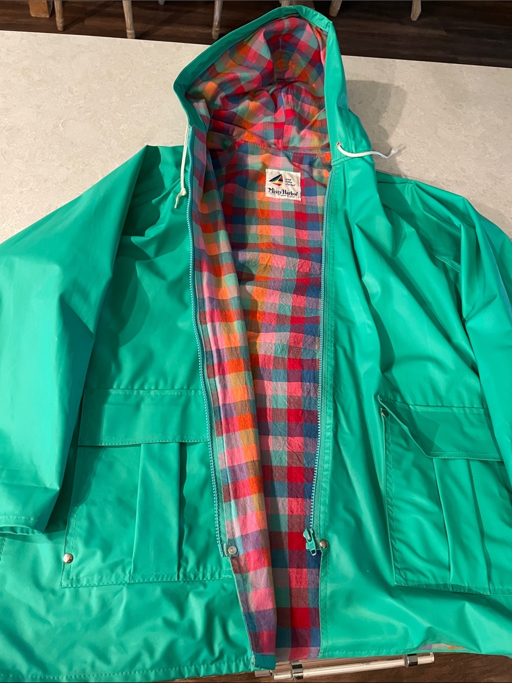 Vintage Bright Teal Hooded Jacket with Multicolor Plaid Lining